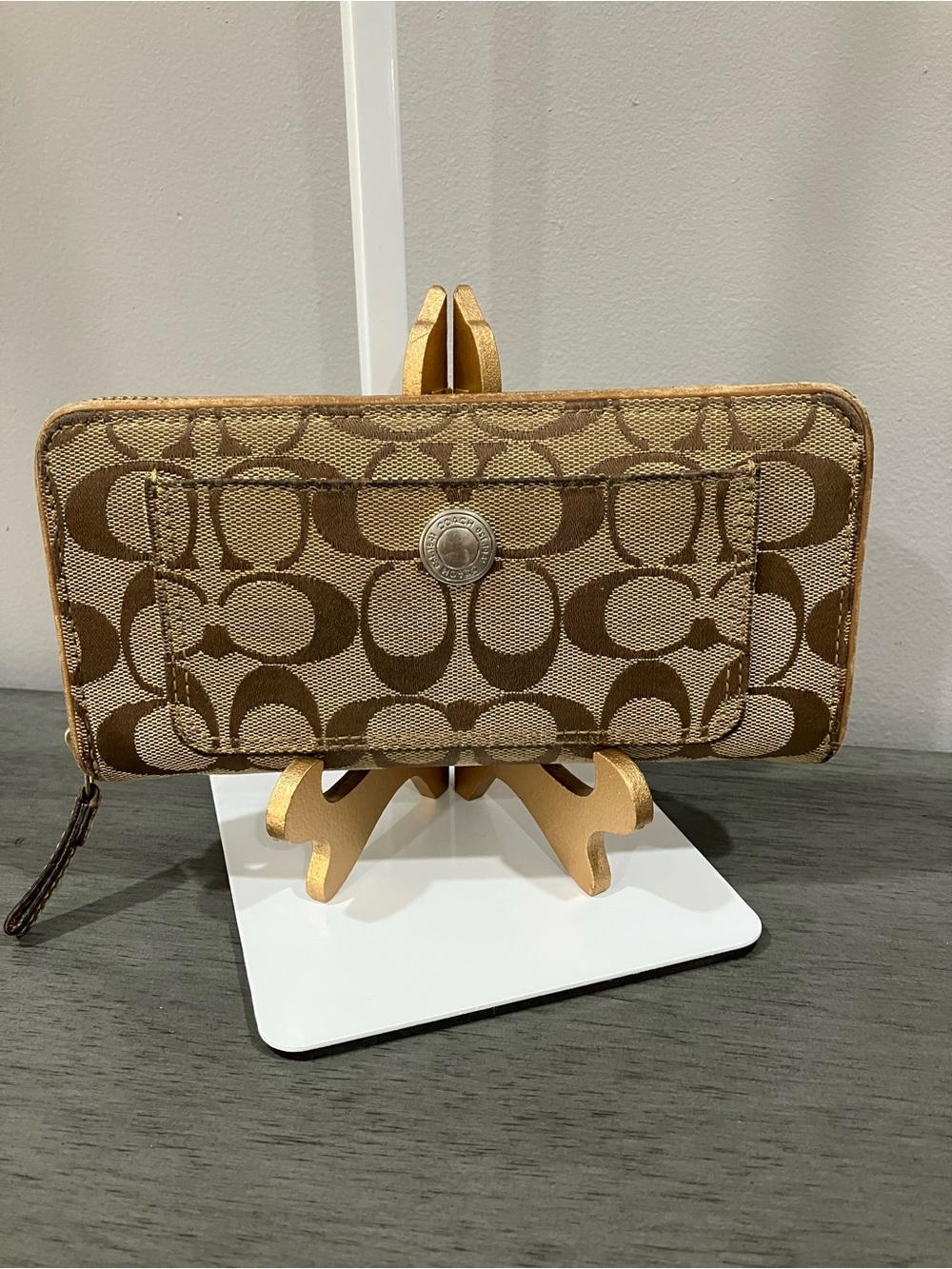 Coach Beige and Brown Signature Zip Wallet